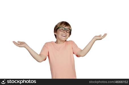 Smiling boy with a doubtful expression isolated on a white background