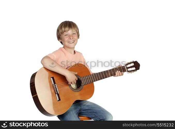 Smiling boy with a guitar isolated on white background