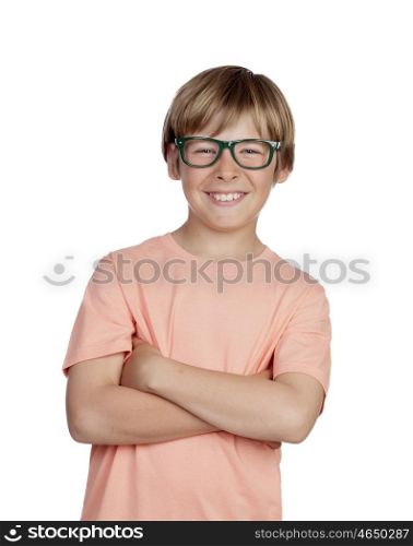 Smiling boy with glasses isolated on a white background