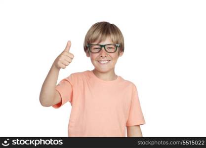 Smiling boy with glasses saying Ok isolated on a white background