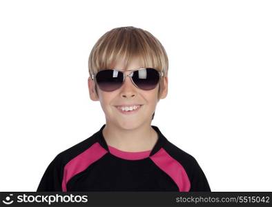 Smiling boy with trendy sunglasses isolated on a over white background