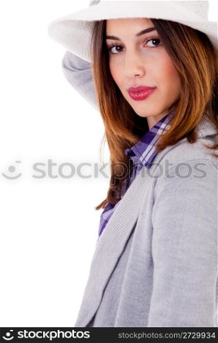 Smiling brunette model side pose on a white background