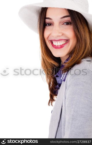Smiling brunette model side pose on a white background
