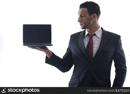 Smiling business man hold and work on mini laptop comuter Isolated on white background in studio