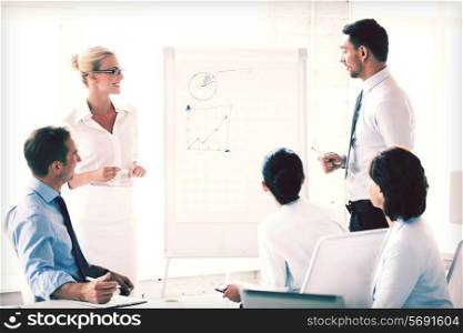 smiling business team working with flip chart in office
