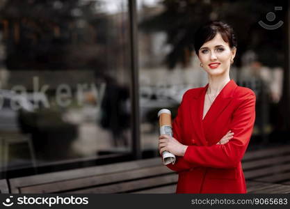 Smiling business woman dressed red jacket and red lipstick standing outdoor near glass corporate office building hands folded. Serious caucasian female business person portrait on city street. Smiling business woman dressed red jacket and red lipstick standing outdoor near glass corporate office building hands folded. Serious caucasian female business person portrait on city street.