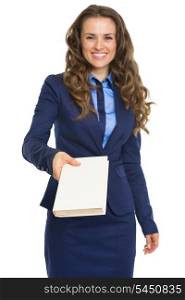 Smiling business woman giving book