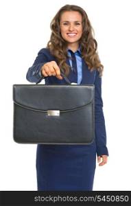 Smiling business woman giving briefcase