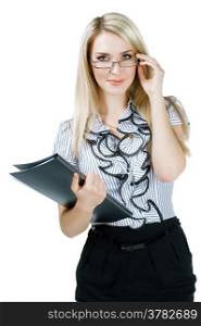 smiling business woman in glasses with folder isolated on white