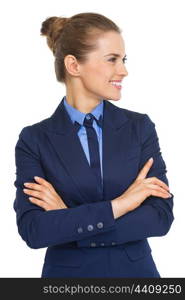 Smiling business woman looking on copy space