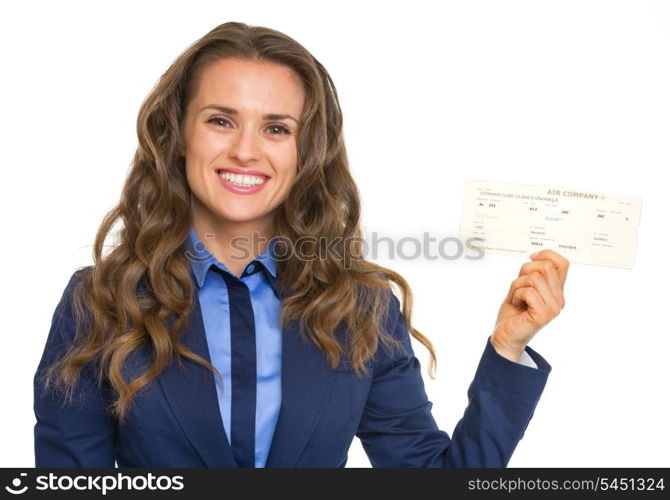 Smiling business woman showing air tickets