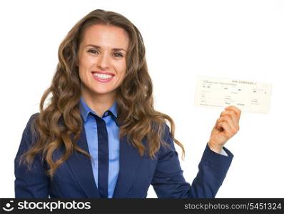 Smiling business woman showing air tickets