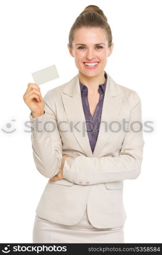 Smiling business woman showing business card