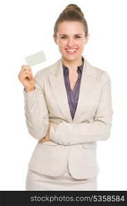 Smiling business woman showing business card