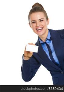 Smiling business woman showing business card