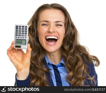 Smiling business woman showing calculator with hello inscription