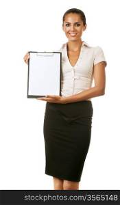 smiling business woman showing paper on folder on white background