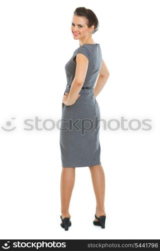 Smiling business woman turn round