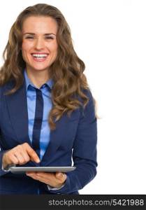 Smiling business woman using tablet pc