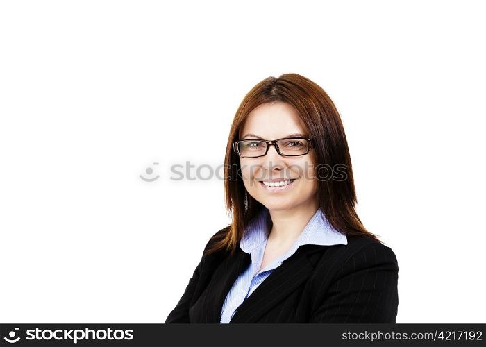 smiling business woman wearing glasses. smiling business woman wearing glasses on white background