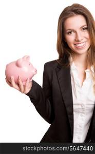 Smiling business woman with a piggy bank over white background
