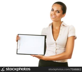 smiling business woman with folder on white background