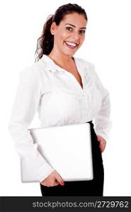 Smiling business woman with laptop on a white isolated background