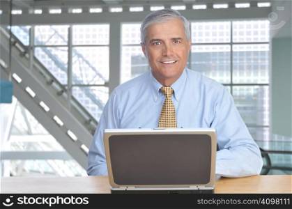 Smiling Businessman at desk in Modern Office Building with Laptop Computer