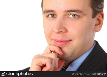 Smiling businessman close up with hand