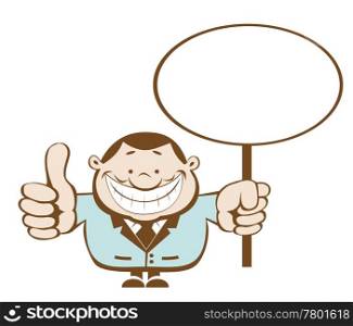 Smiling businessman holding blank sign. Separate layers. Cartoon businessman holding blank sign