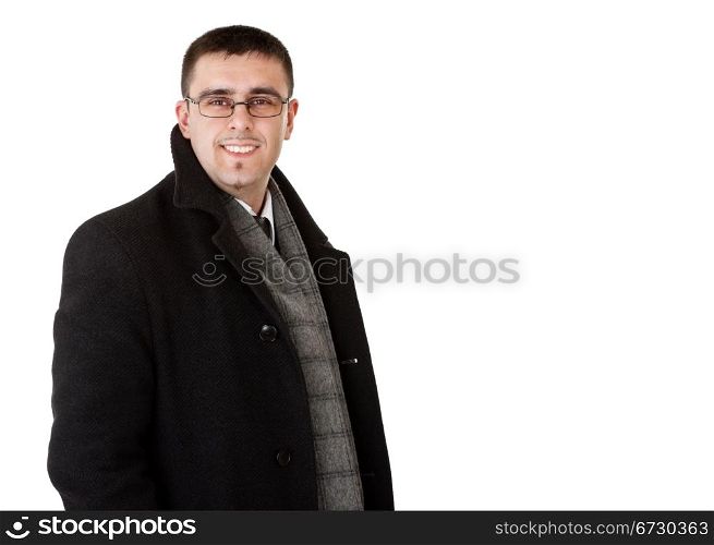 smiling businessman in autumn coat, white background