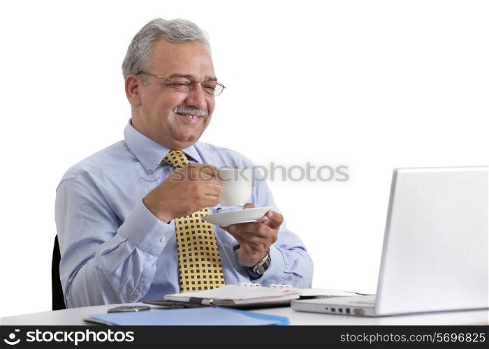 Smiling businessman looking at laptop