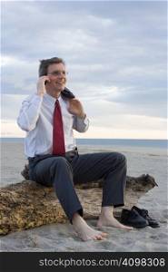 Smiling businessman making a phone call on a beach while sitting on an old tree trunk