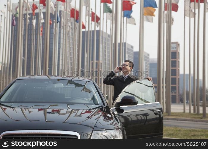 Smiling Businessman on the phone getting into his car