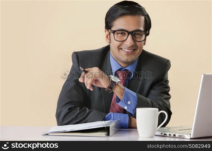 Smiling Businessman sitting at computer desk