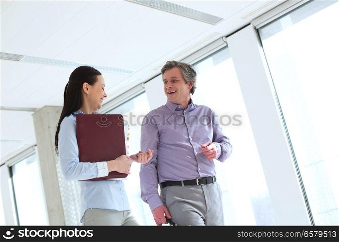 Smiling businessman talking with female colleague in office
