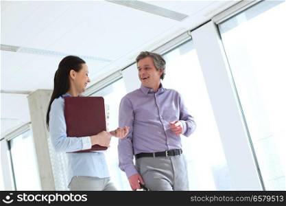 Smiling businessman talking with female colleague in office