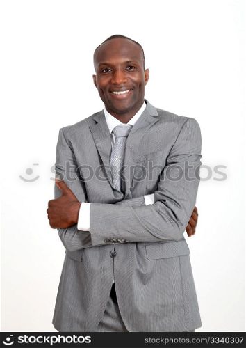 Smiling businessman with arms crossed on white backgound