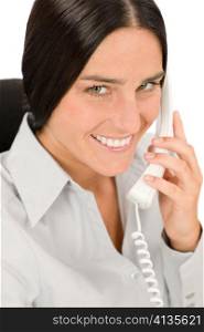 Smiling businesswoman attractive calling on phone close-up portrait