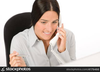 Smiling businesswoman attractive calling on phone close-up portrait