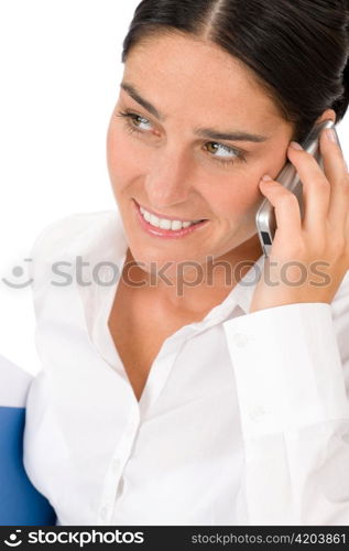 Smiling businesswoman attractive calling on phone close-up portrait