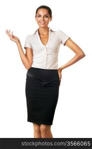 smiling businesswoman in black skirt on white background