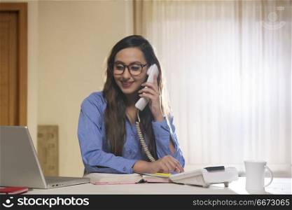 Smiling businesswoman on the telephone in the office