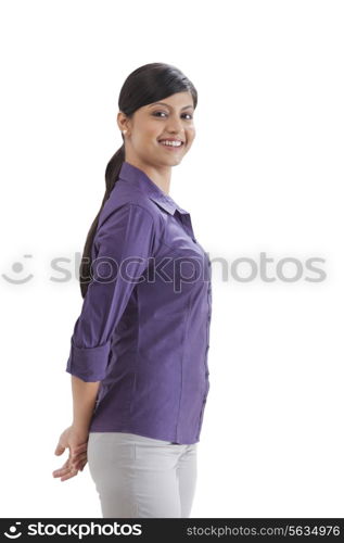 Smiling businesswoman on white background