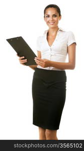 smiling businesswoman with black folder on white background