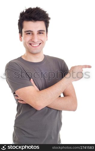 smiling casual man pointing right isolated on white background