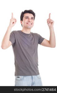 smiling casual man pointing up isolated on white background