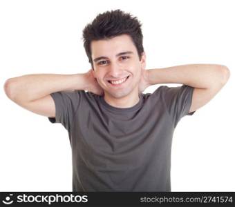 smiling casual man relaxing with hands behind back isolated on white