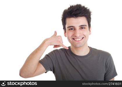 smiling casual man showing call me gesture isolated on white background