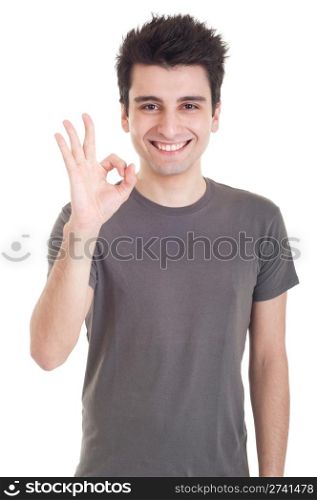 smiling casual man showing ok sign isolated on white background